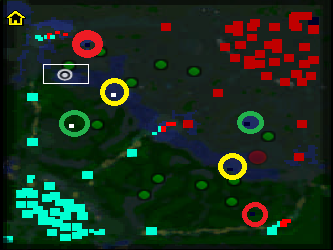 Die sechs Eroberungspunkte: rot = Kampf, grün = Regeneration, gelb = Geschwindigkeit